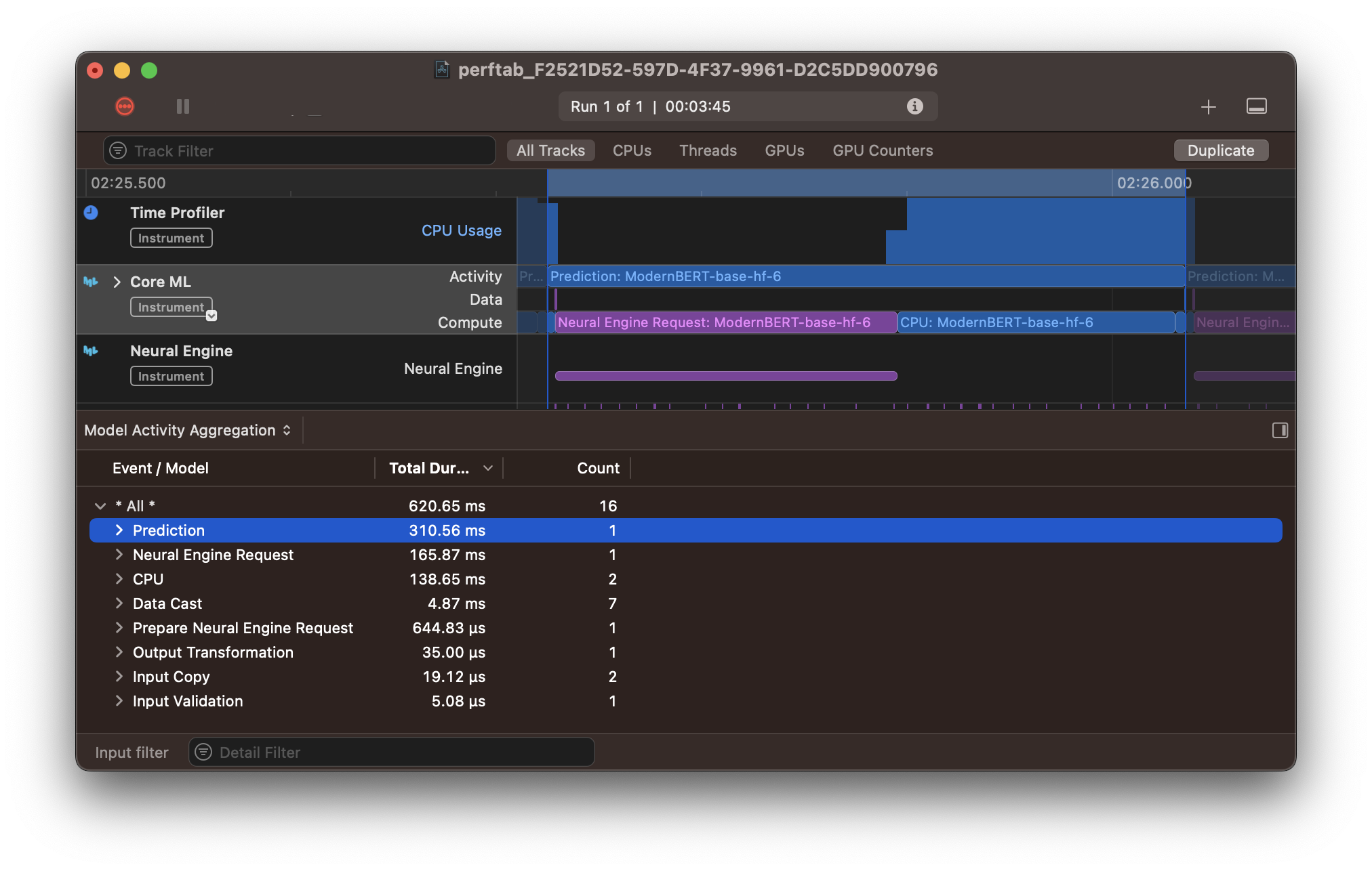 Xcode benchmark Instruments trace for baseline huggingface ModernBERT CoreML model