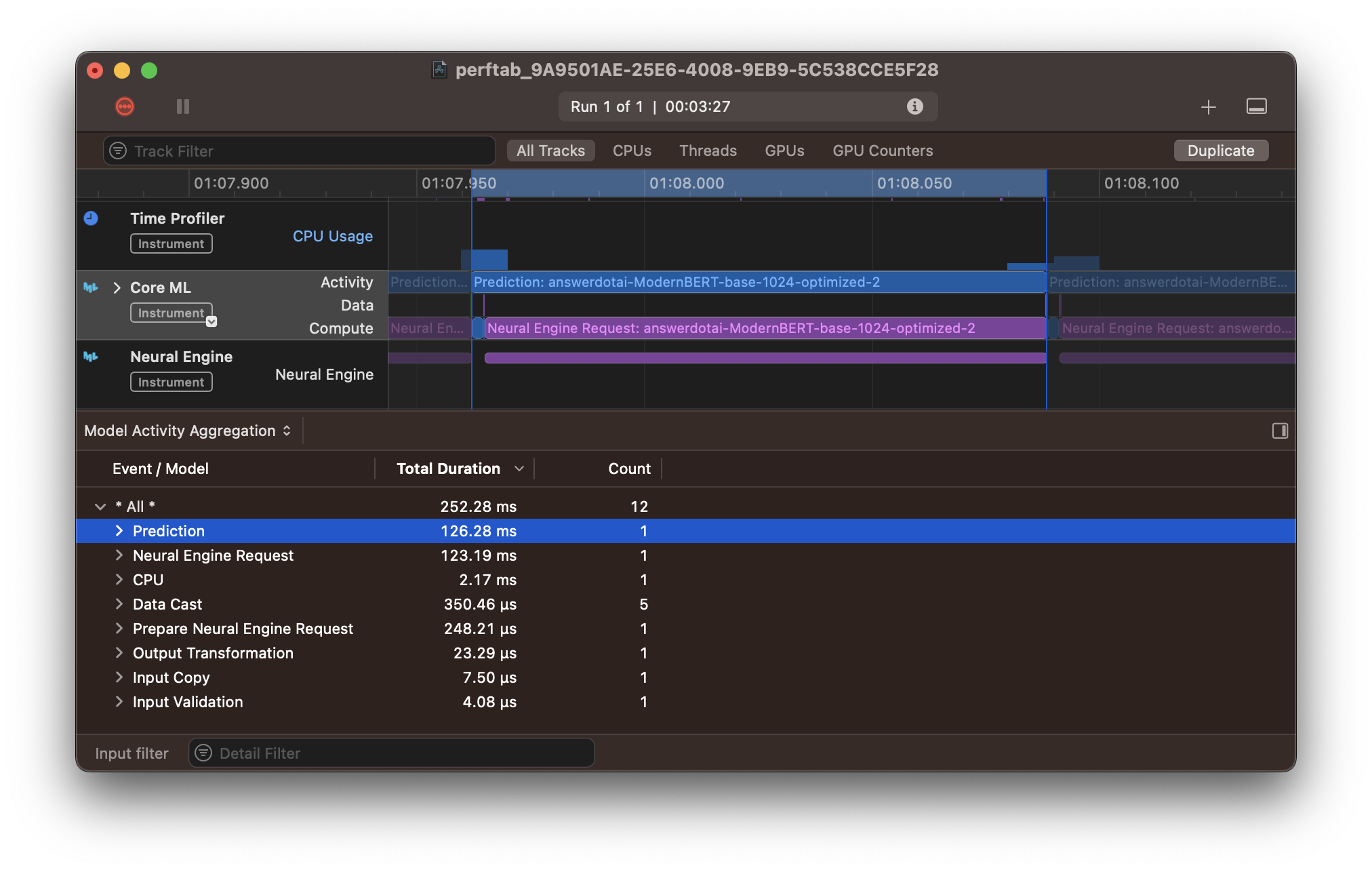 Xcode benchmark Instruments trace for ANE-optimized ModernBERT CoreML model