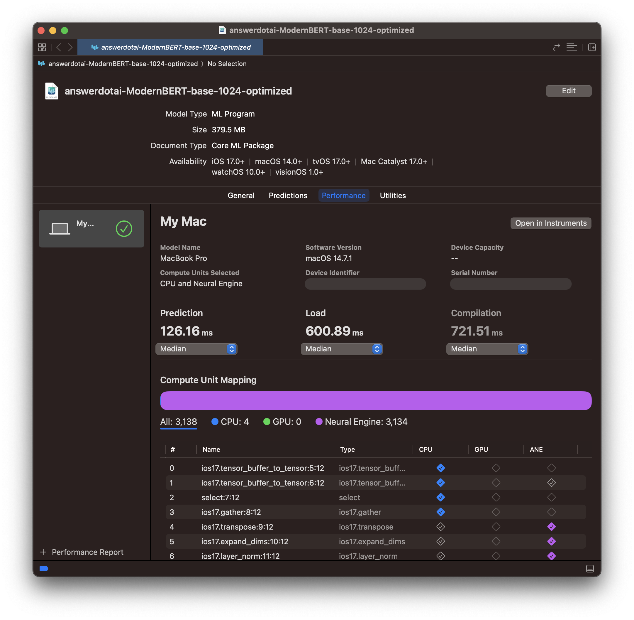 Xcode benchmark results for ANE-optimized ModernBERT CoreML model