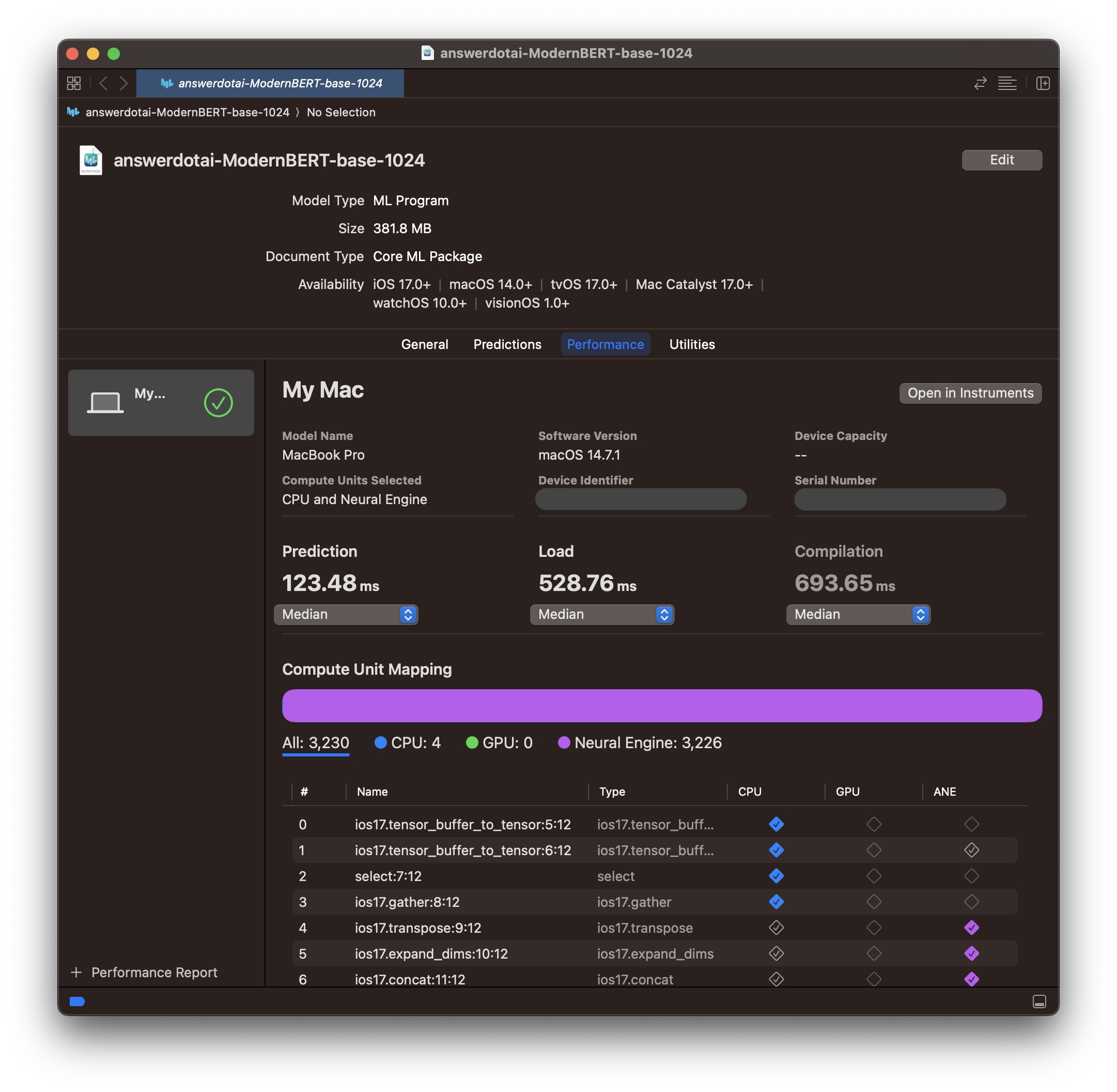 Xcode benchmark results for ANE-optimized ModernBERT CoreML model with rotations