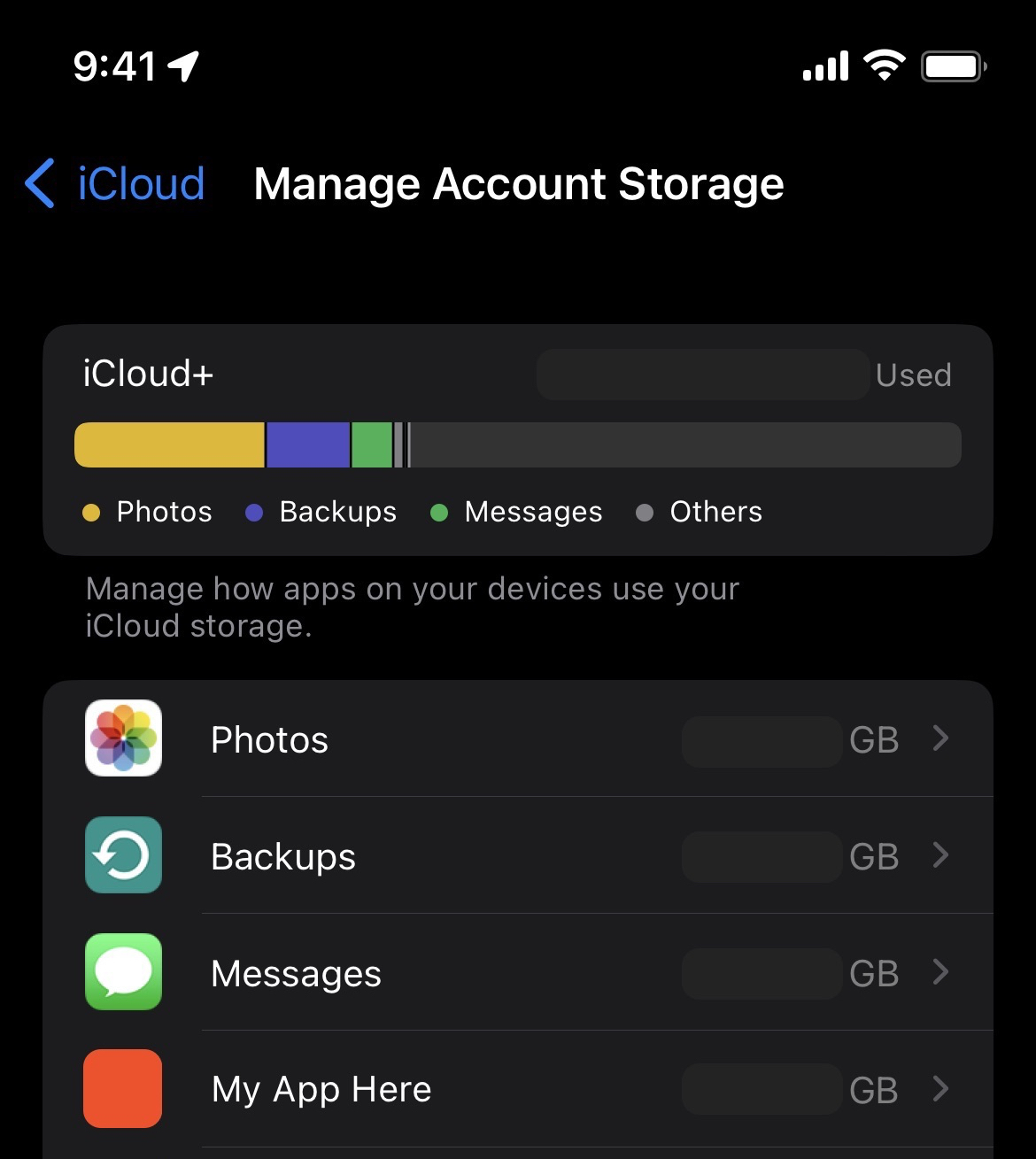 iCloud storage usage in iOS Settings app